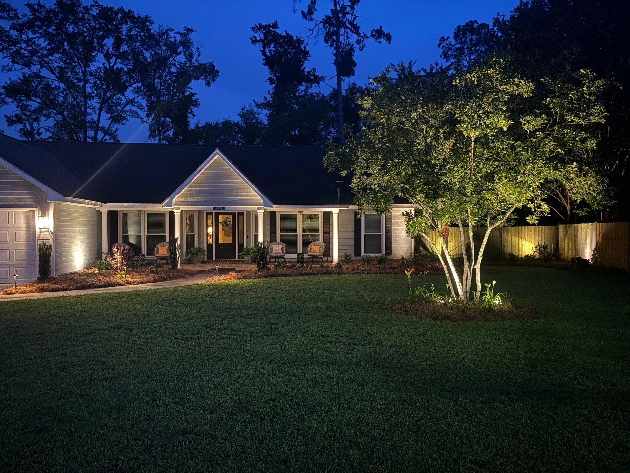 A house and tree lit at night